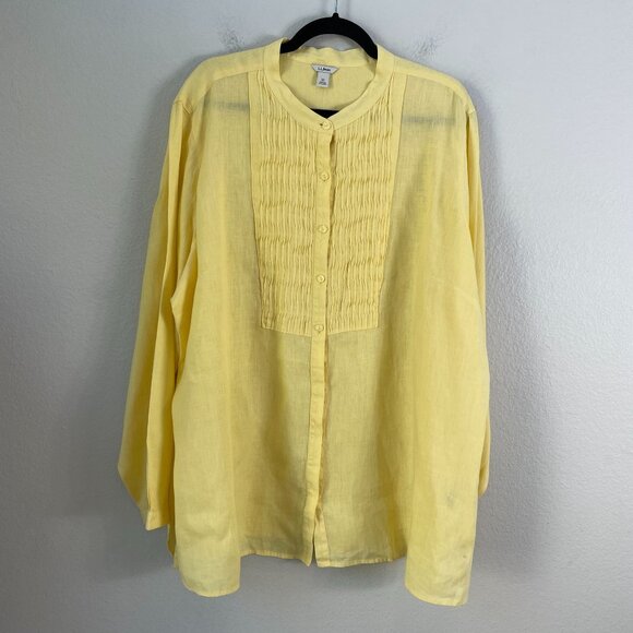 LL Bean Womens Plus 3X Yellow 100% Linen Pintuck Button Up Shirt Blouse Top - Picture 6 of 10